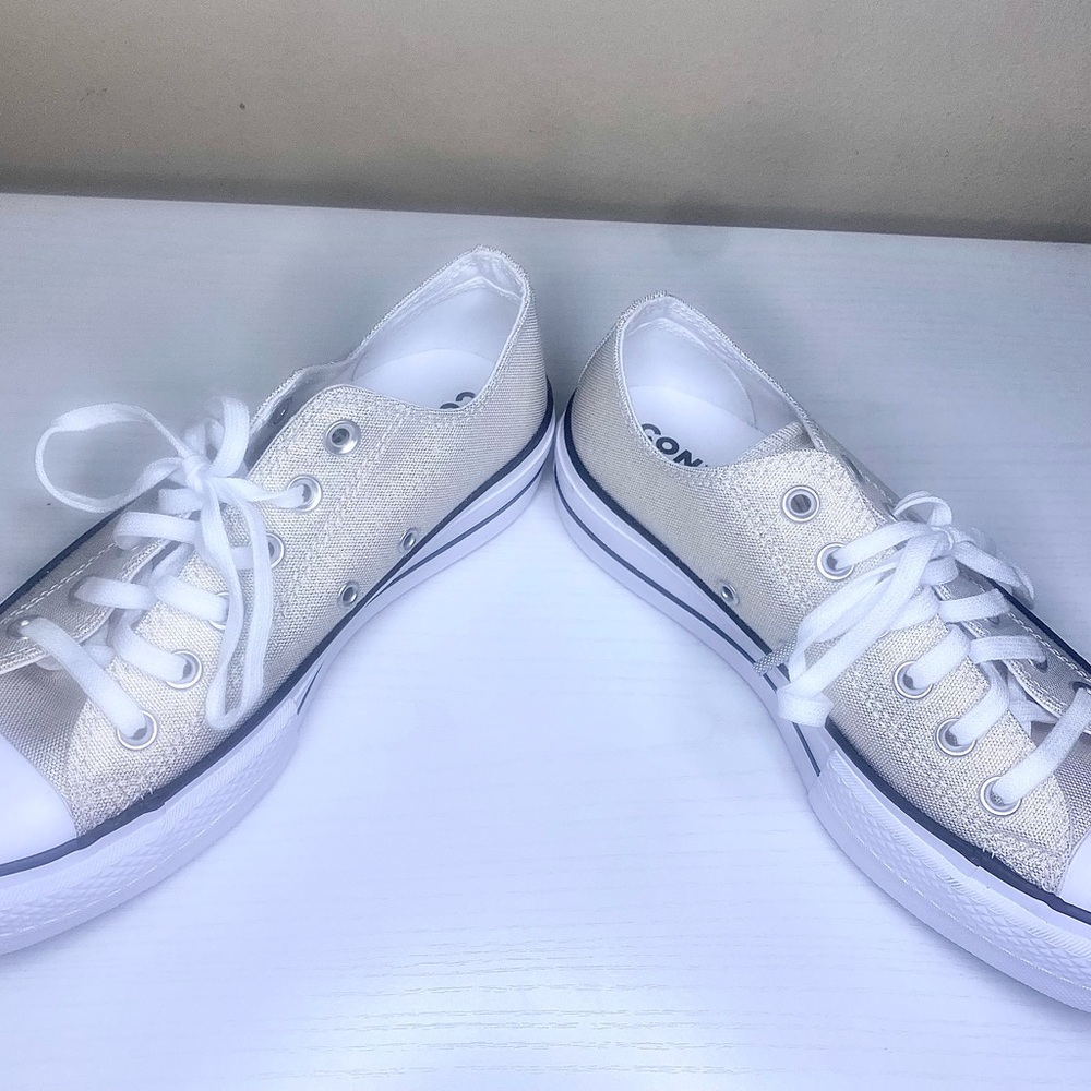 Converse Women's All Star Ox Lift Gold/Cream Sparkling Canvas Platform Sneakers - Picture 12 of 16